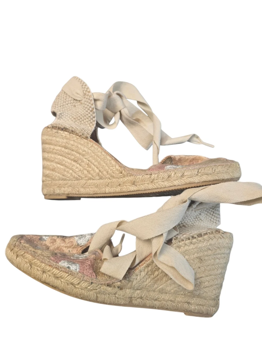 Maypol Spain Espadrilles Leather Crochet Espadrille Tie-Back Wedge Sz. 39/8